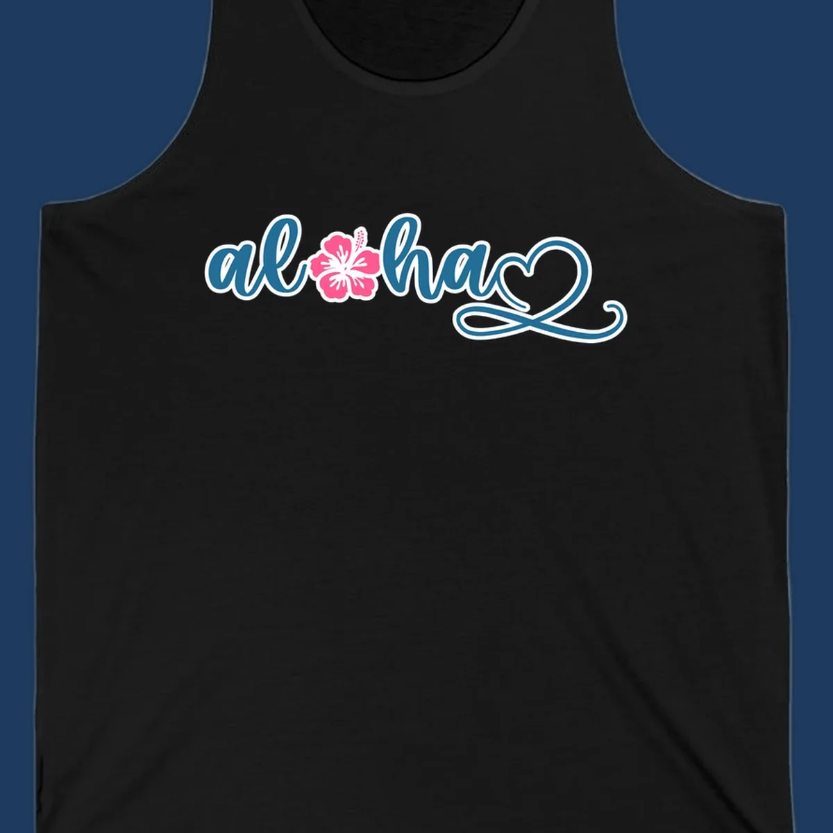 Aloha hibiscus cruise design featuring blue cursive 'aloha' text with pink hibiscus flower and decorative flourish