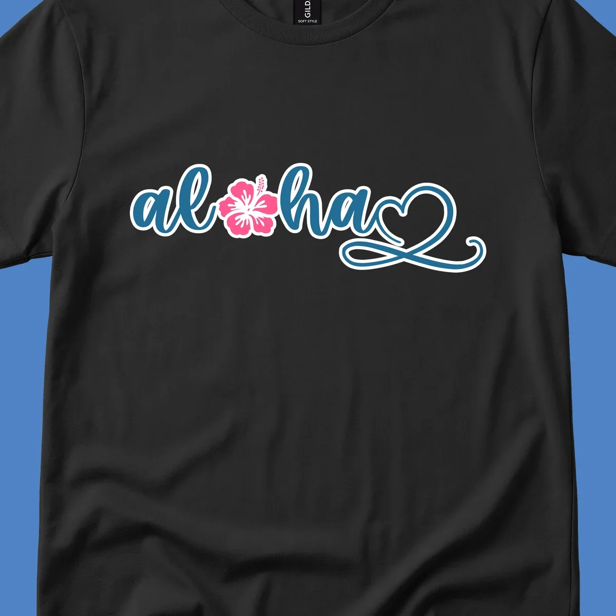 Aloha hibiscus cruise design featuring blue cursive 'aloha' text with pink hibiscus flower and decorative flourish