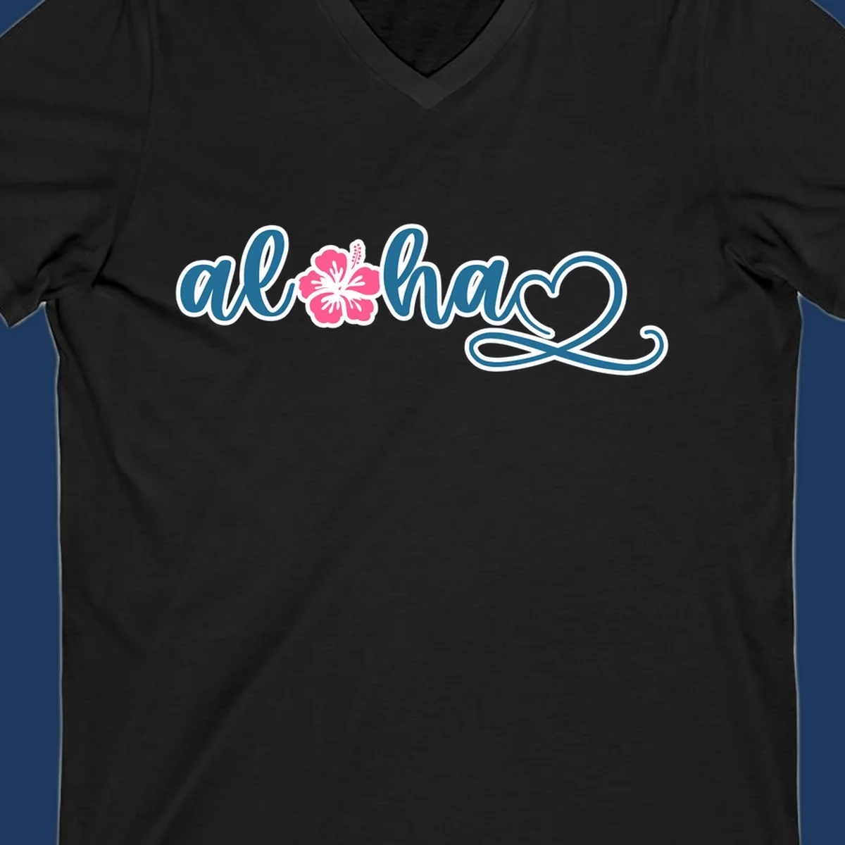 Aloha hibiscus cruise design featuring blue cursive 'aloha' text with pink hibiscus flower and decorative flourish