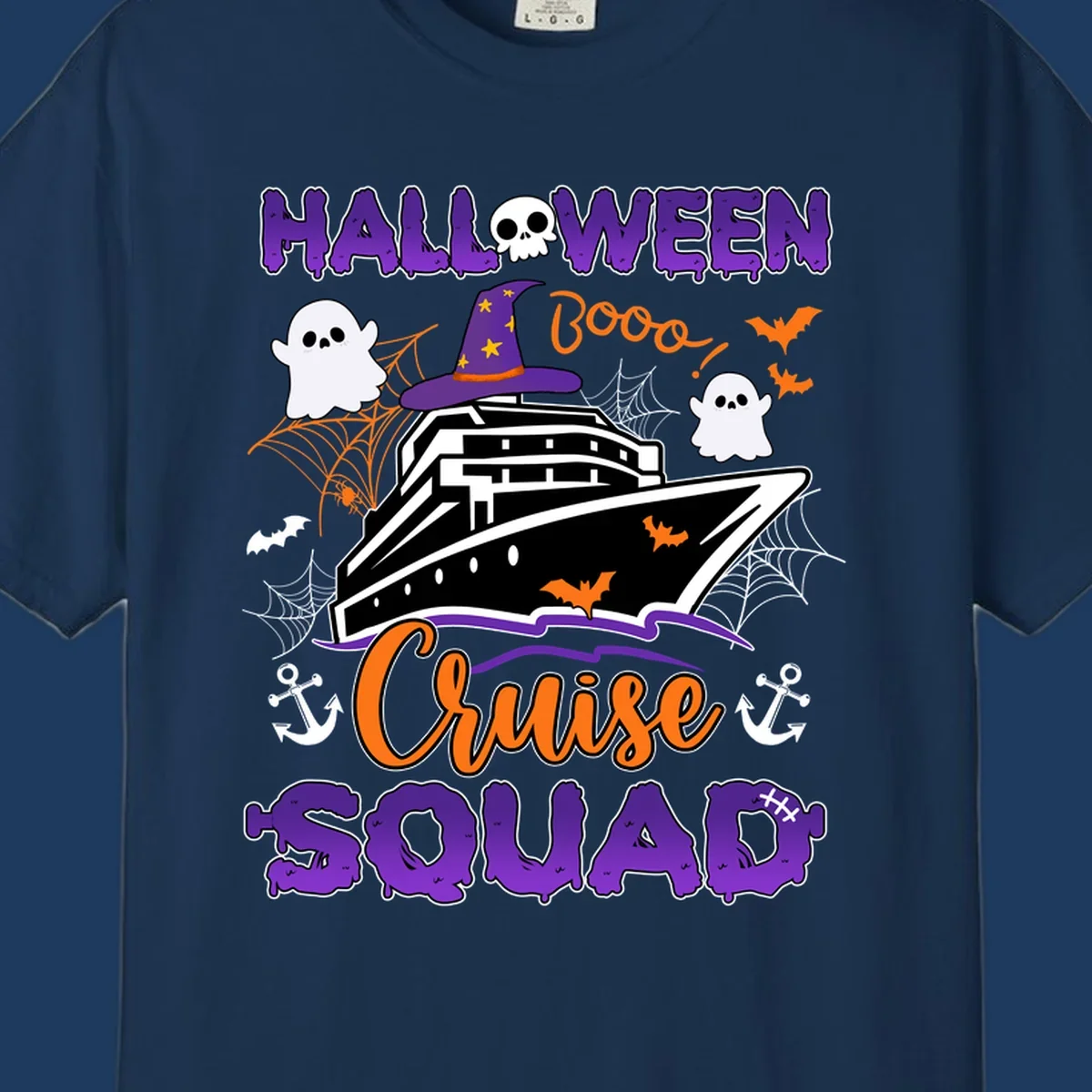 Halloween cruise squad design with ship wearing witch hat, ghosts, bats, and spiders on gray background