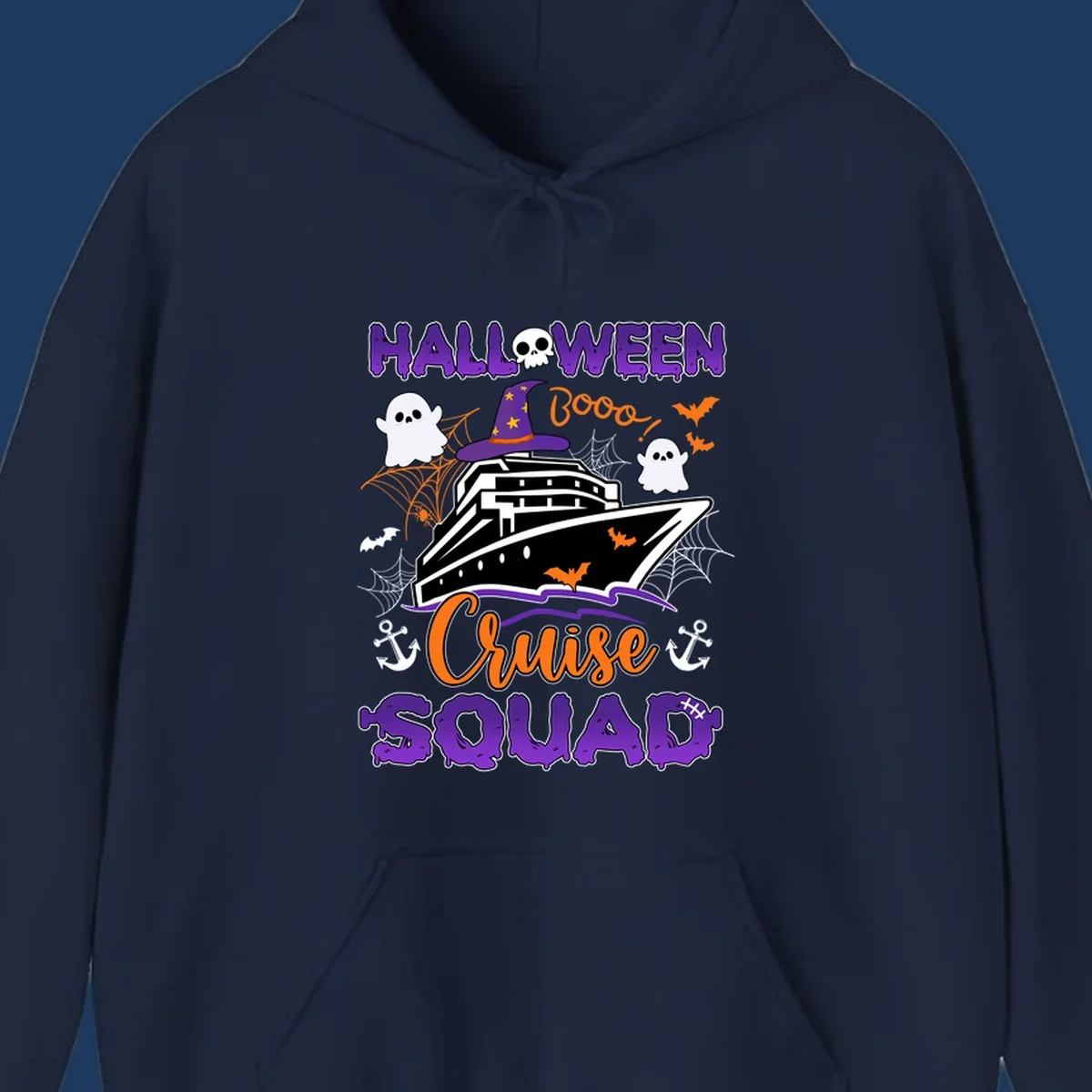 Halloween cruise squad design with ship wearing witch hat, ghosts, bats, and spiders on gray background