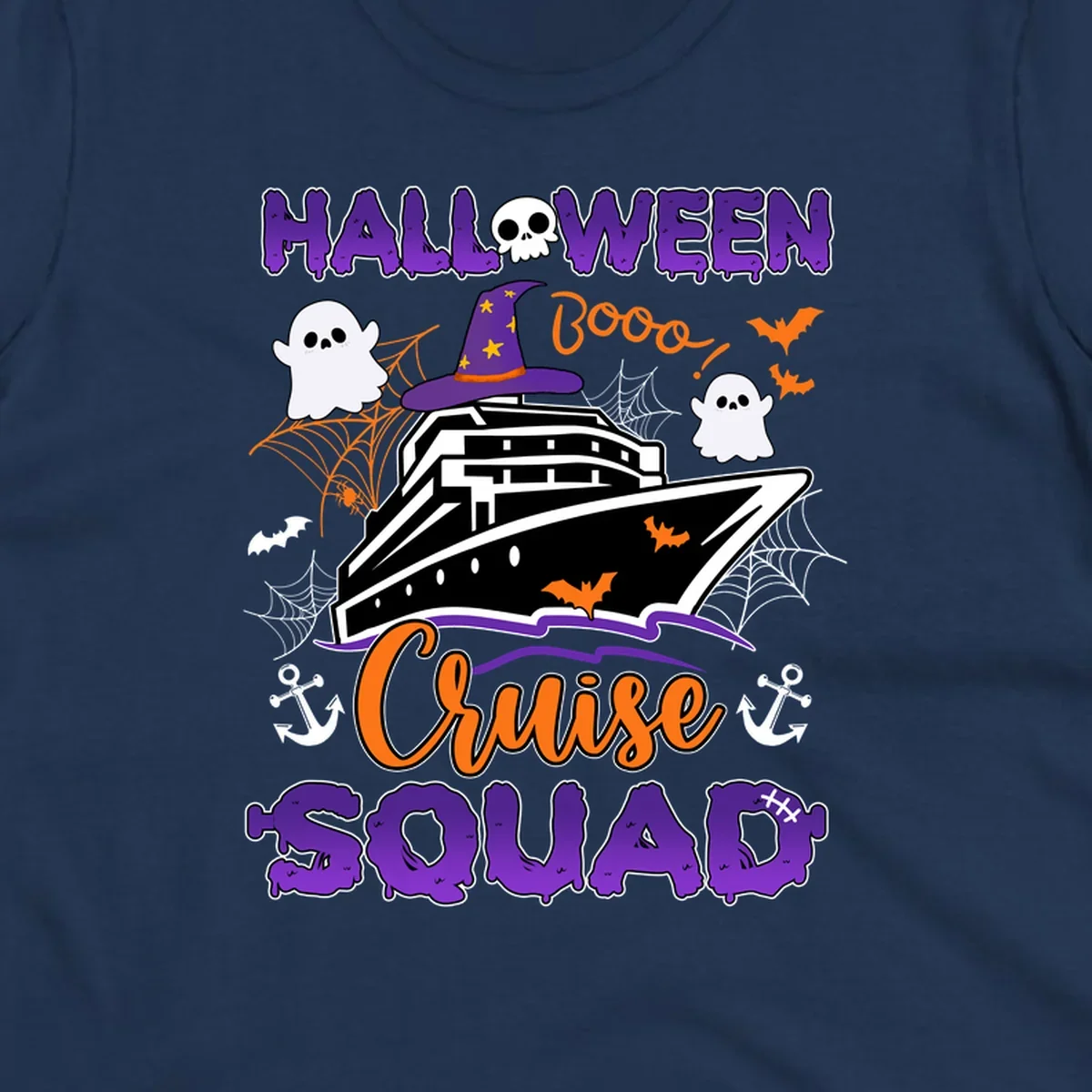 Halloween cruise squad design with ship wearing witch hat, ghosts, bats, and spiders on gray background