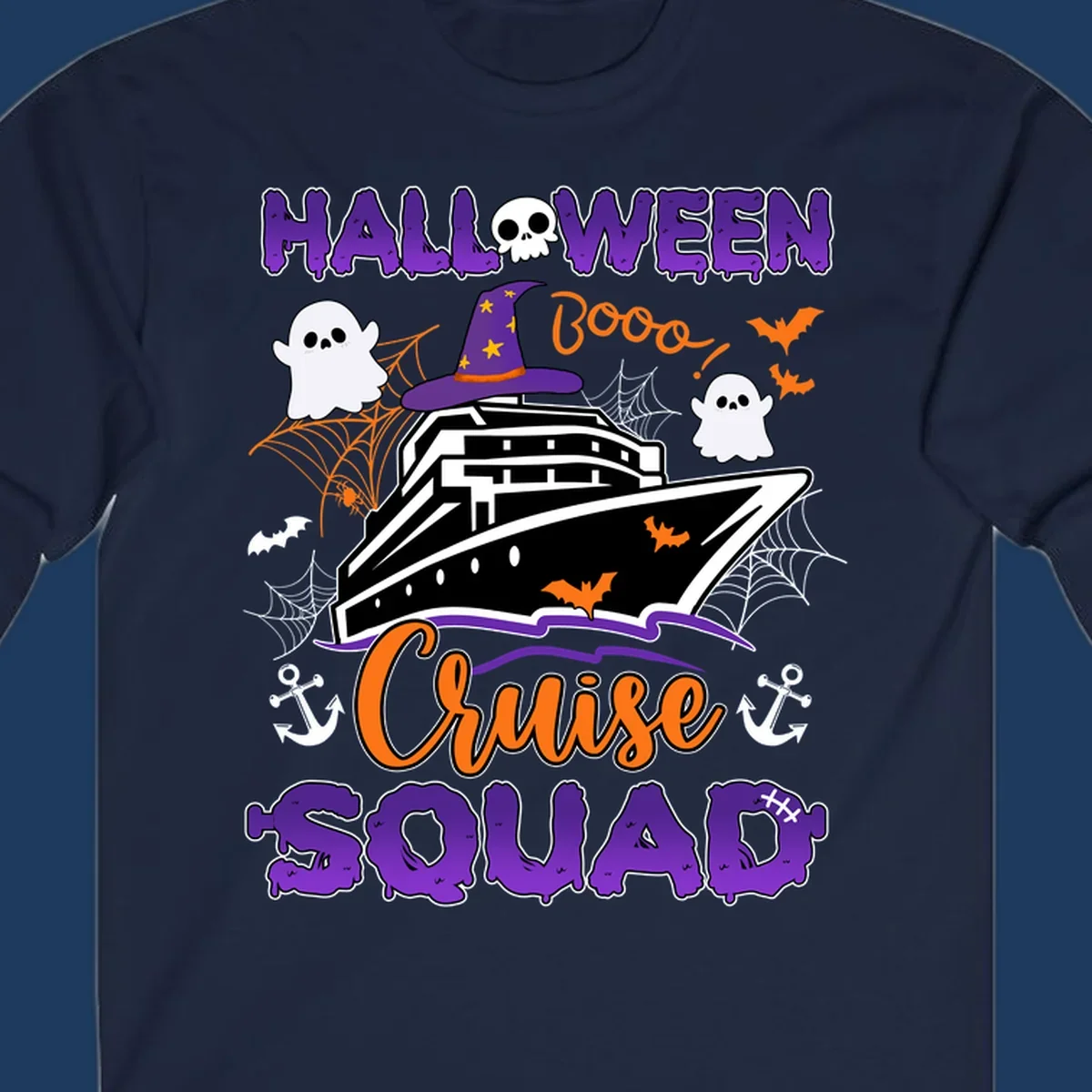 Halloween cruise squad design with ship wearing witch hat, ghosts, bats, and spiders on gray background