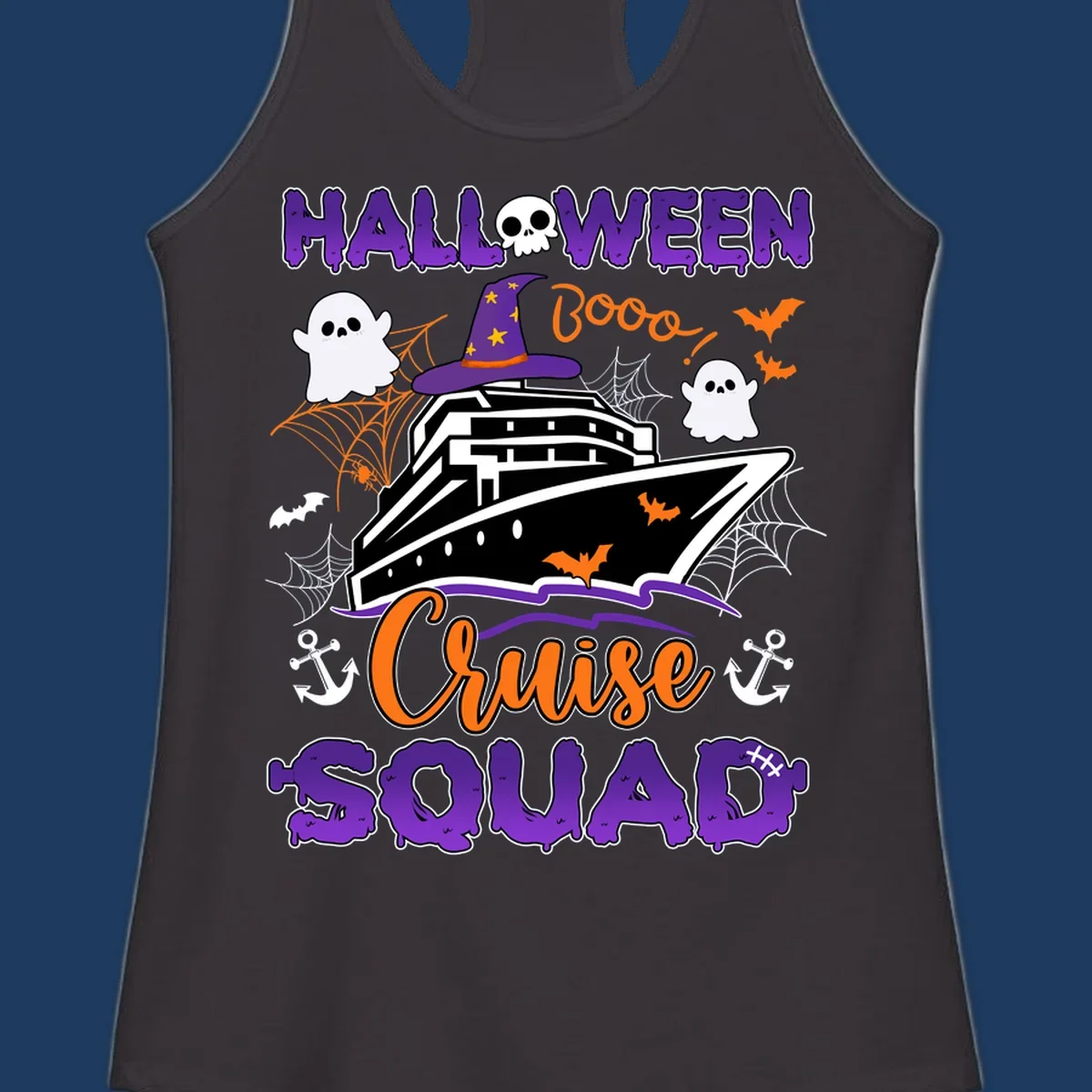 Halloween cruise squad design with ship wearing witch hat, ghosts, bats, and spiders on gray background