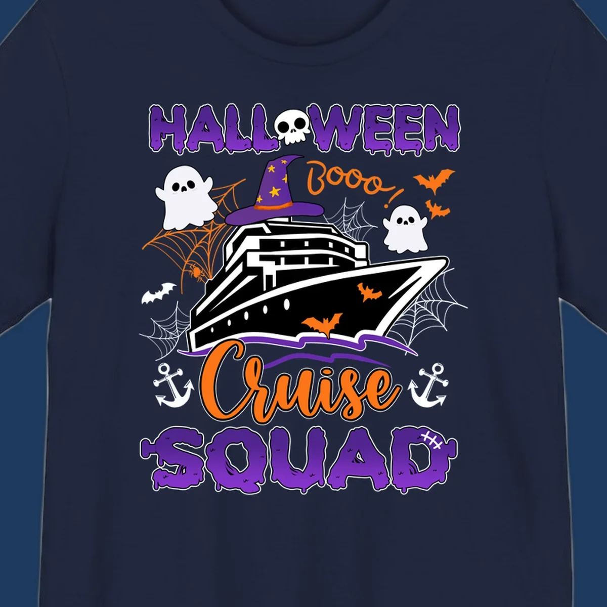 Halloween cruise squad design with ship wearing witch hat, ghosts, bats, and spiders on gray background