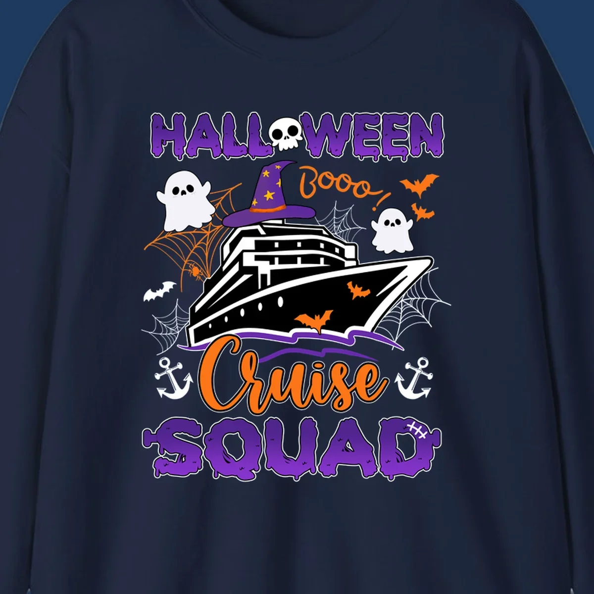 Halloween cruise squad design with ship wearing witch hat, ghosts, bats, and spiders on gray background