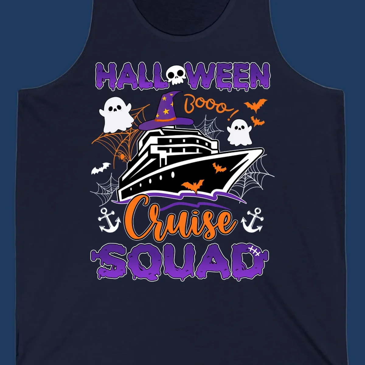 Halloween cruise squad design with ship wearing witch hat, ghosts, bats, and spiders on gray background