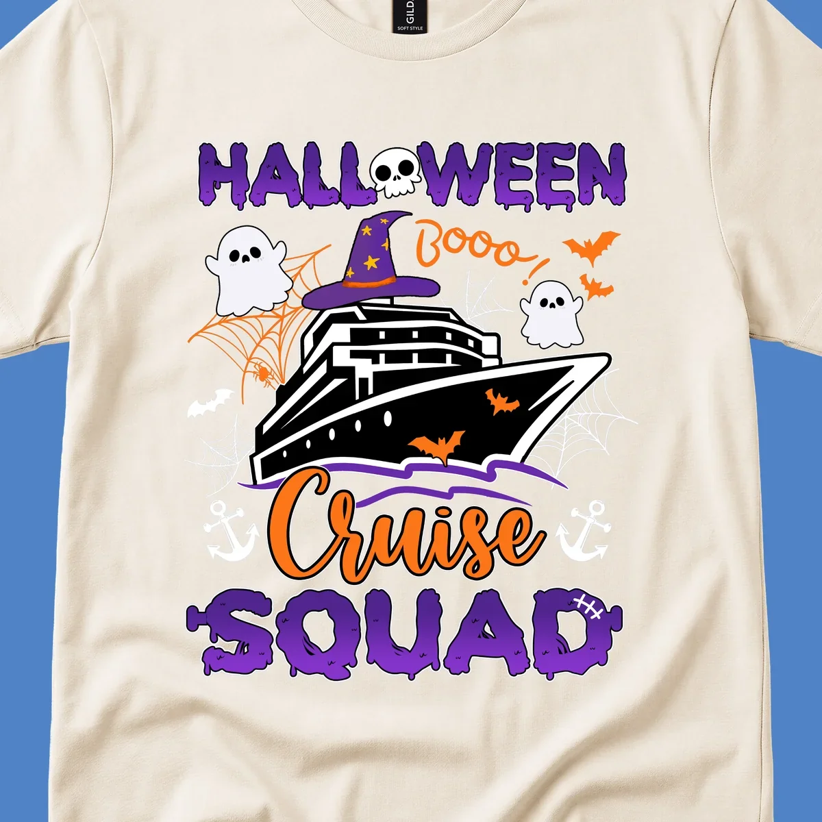 Halloween cruise squad design with ship wearing witch hat, ghosts, bats, and spiders on gray background