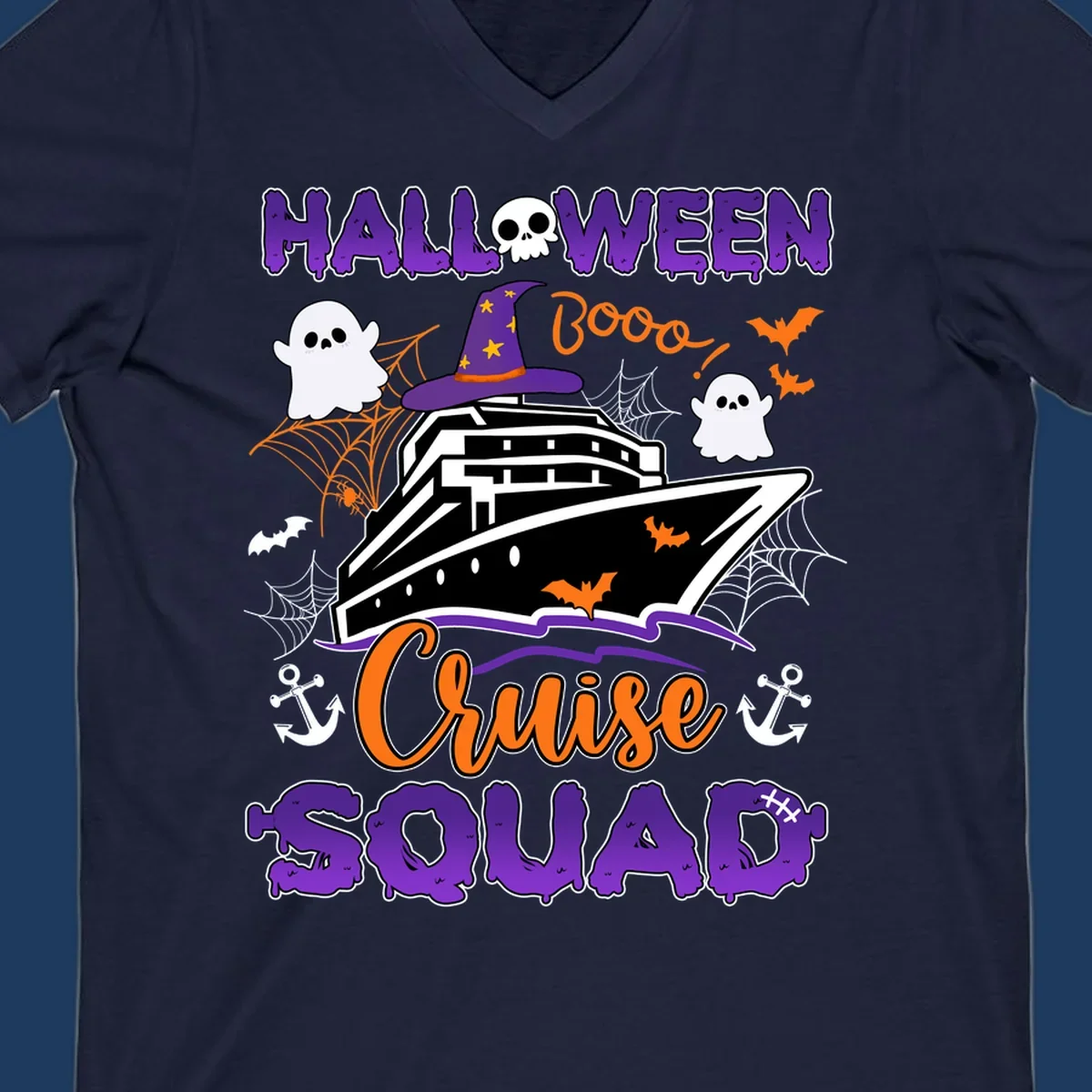 Halloween cruise squad design with ship wearing witch hat, ghosts, bats, and spiders on gray background