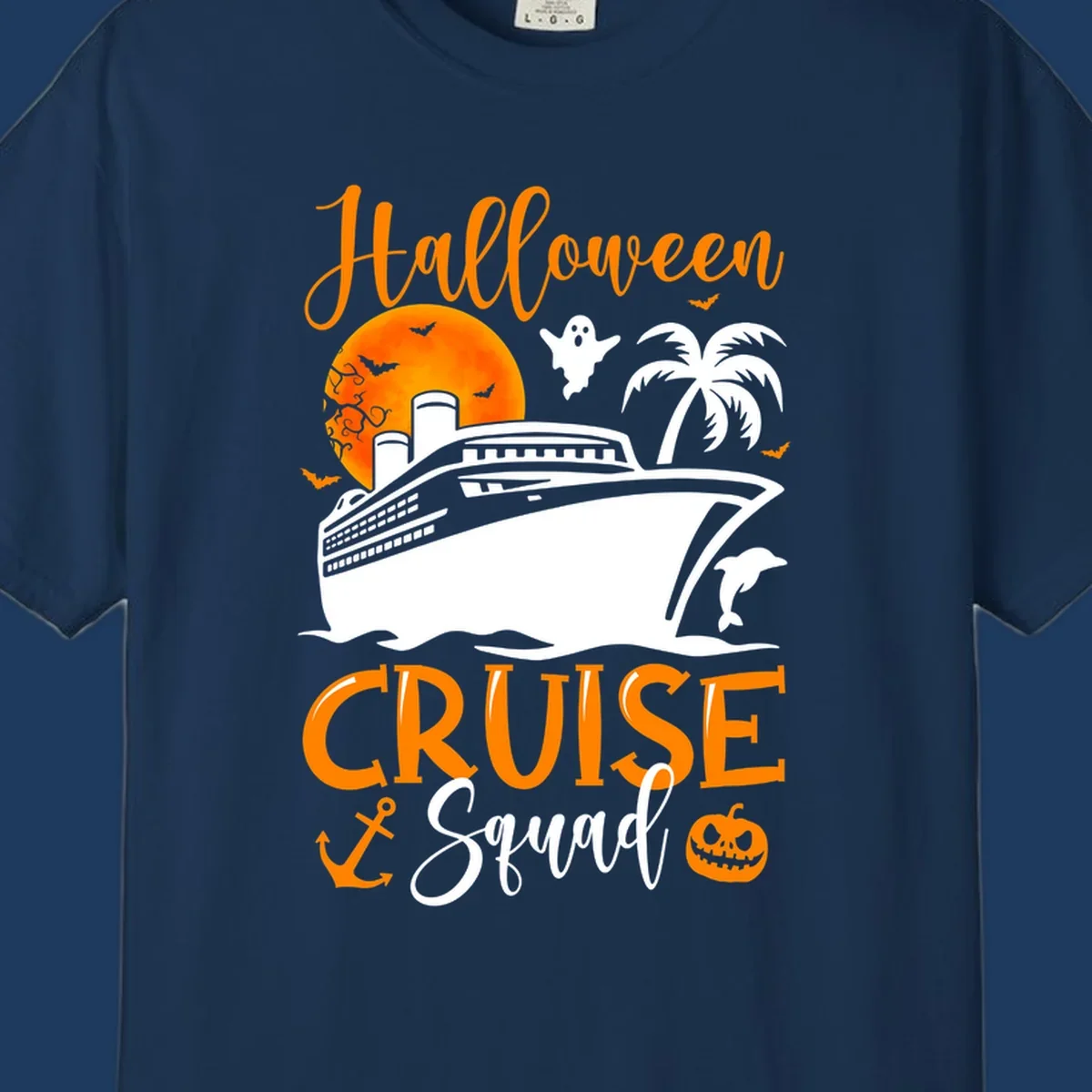 Halloween cruise squad design with ship, moon, ghosts, bats, palm tree, dolphin and anchor on gray background