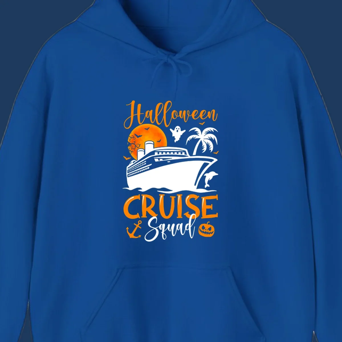 Halloween cruise squad design with ship, moon, ghosts, bats, palm tree, dolphin and anchor on gray background