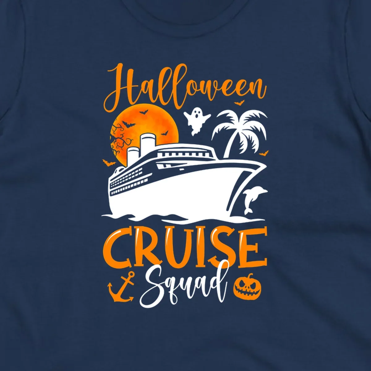 Halloween cruise squad design with ship, moon, ghosts, bats, palm tree, dolphin and anchor on gray background