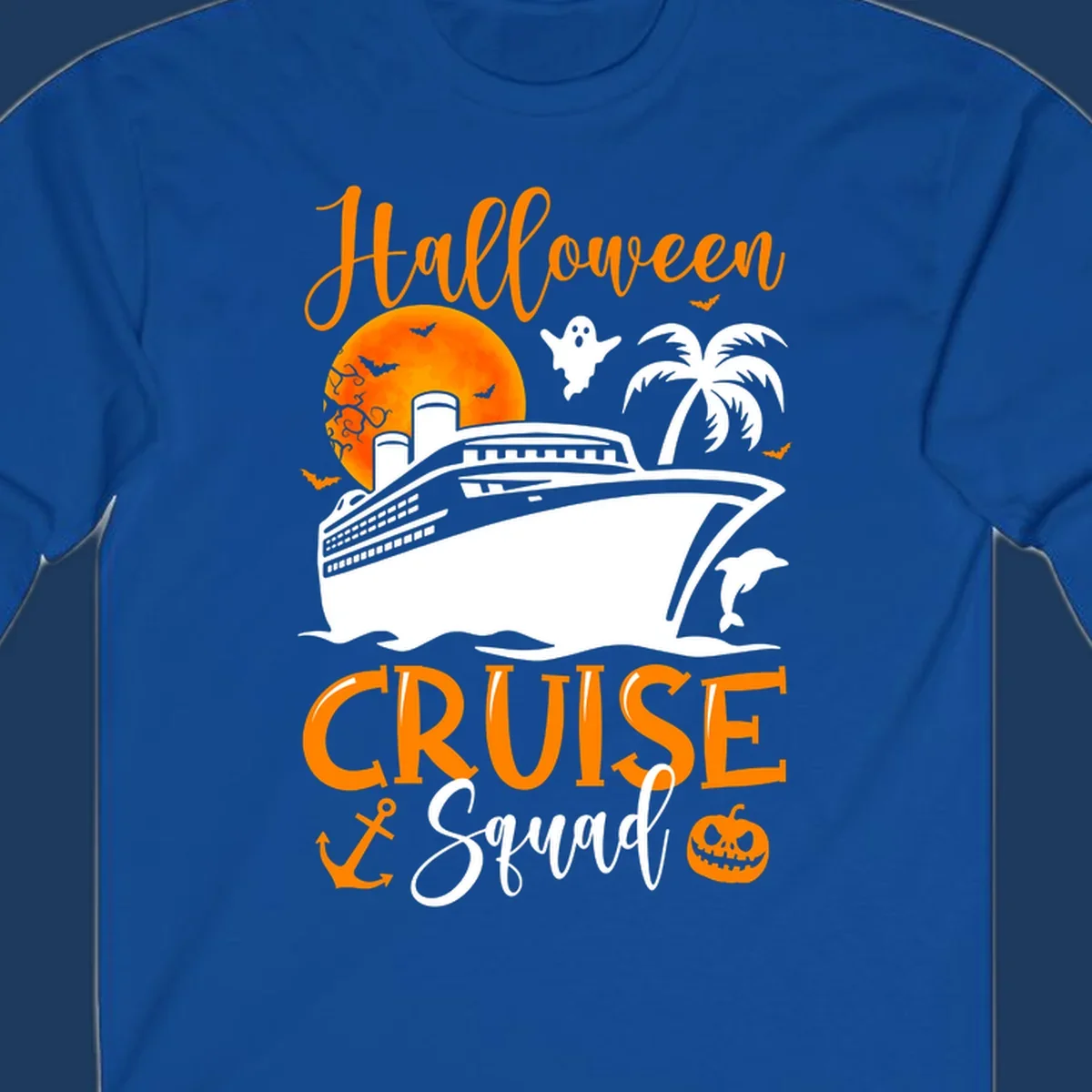 Halloween cruise squad design with ship, moon, ghosts, bats, palm tree, dolphin and anchor on gray background