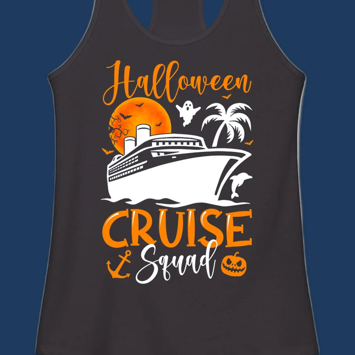 Halloween cruise squad design with ship, moon, ghosts, bats, palm tree, dolphin and anchor on gray background
