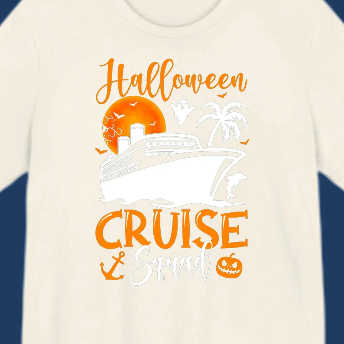 Halloween cruise squad design with ship, moon, ghosts, bats, palm tree, dolphin and anchor on gray background