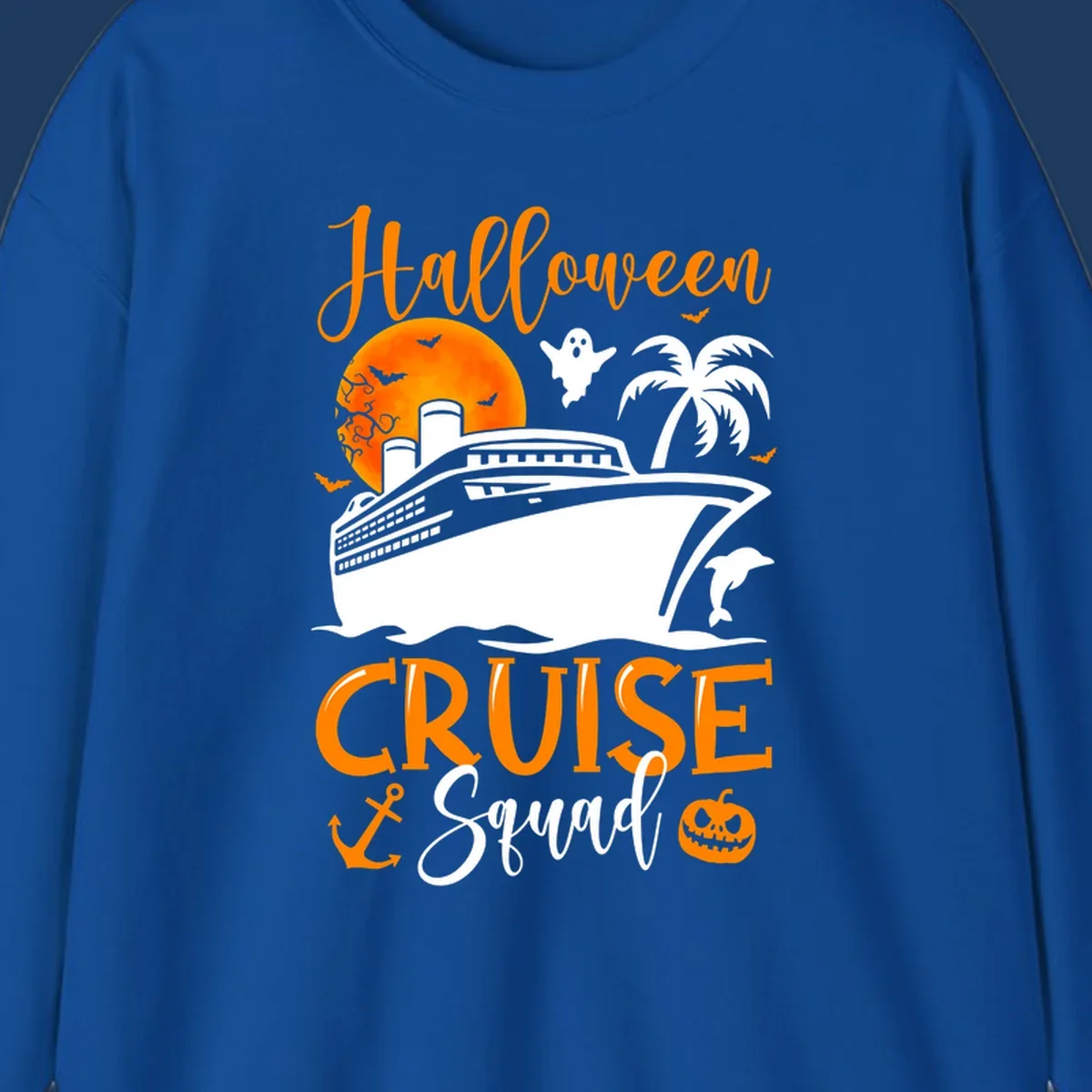 Halloween cruise squad design with ship, moon, ghosts, bats, palm tree, dolphin and anchor on gray background
