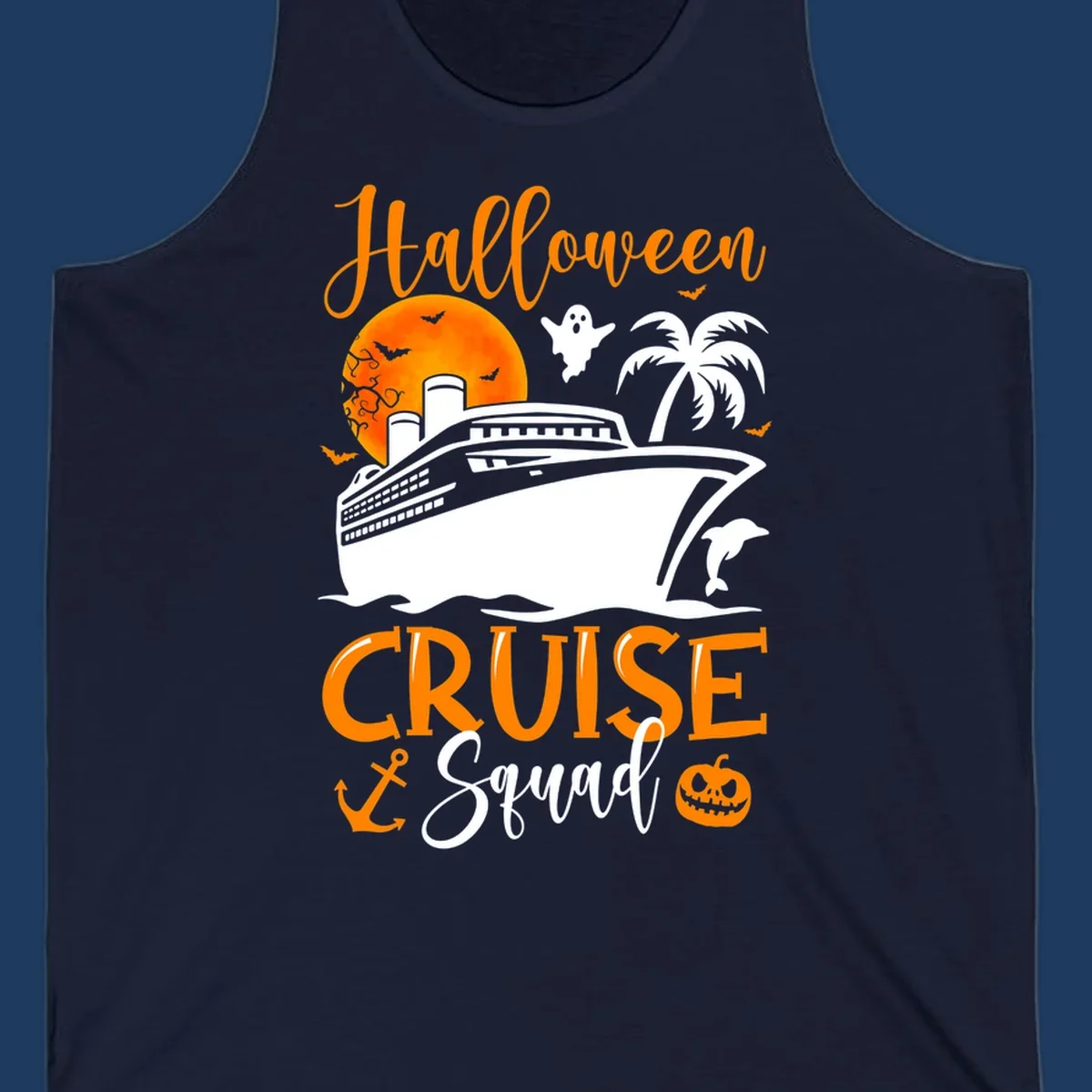 Halloween cruise squad design with ship, moon, ghosts, bats, palm tree, dolphin and anchor on gray background