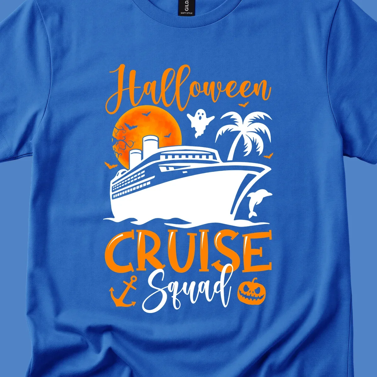 Halloween cruise squad design with ship, moon, ghosts, bats, palm tree, dolphin and anchor on gray background