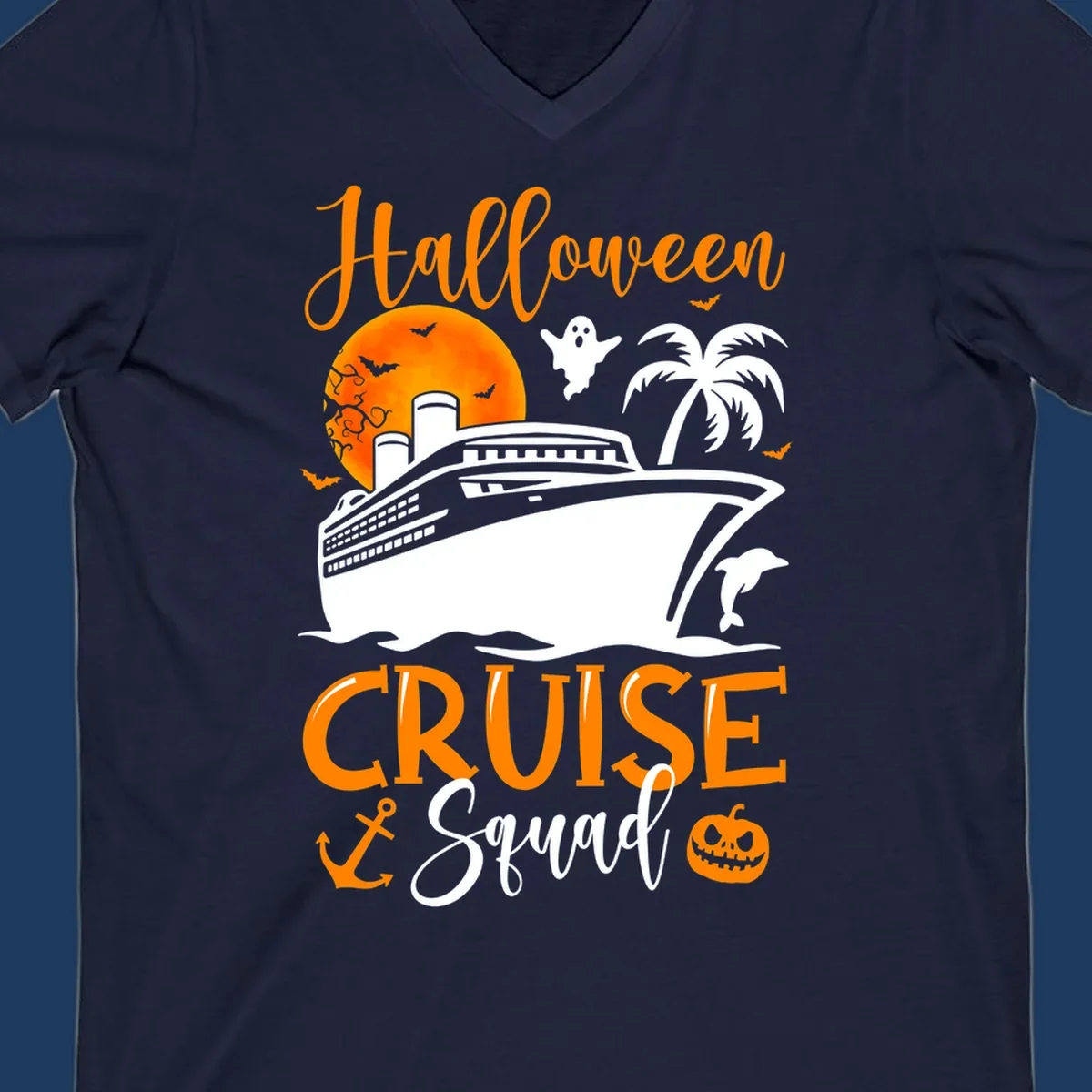 Halloween cruise squad design with ship, moon, ghosts, bats, palm tree, dolphin and anchor on gray background