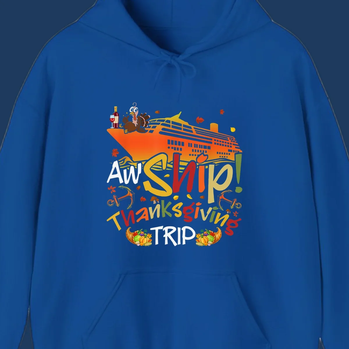 Illustrated thanksgiving cruise ship design with turkey, wine, cornucopia, autumn leaves, and colorful 'An Ship Thanksgiving Trip' text