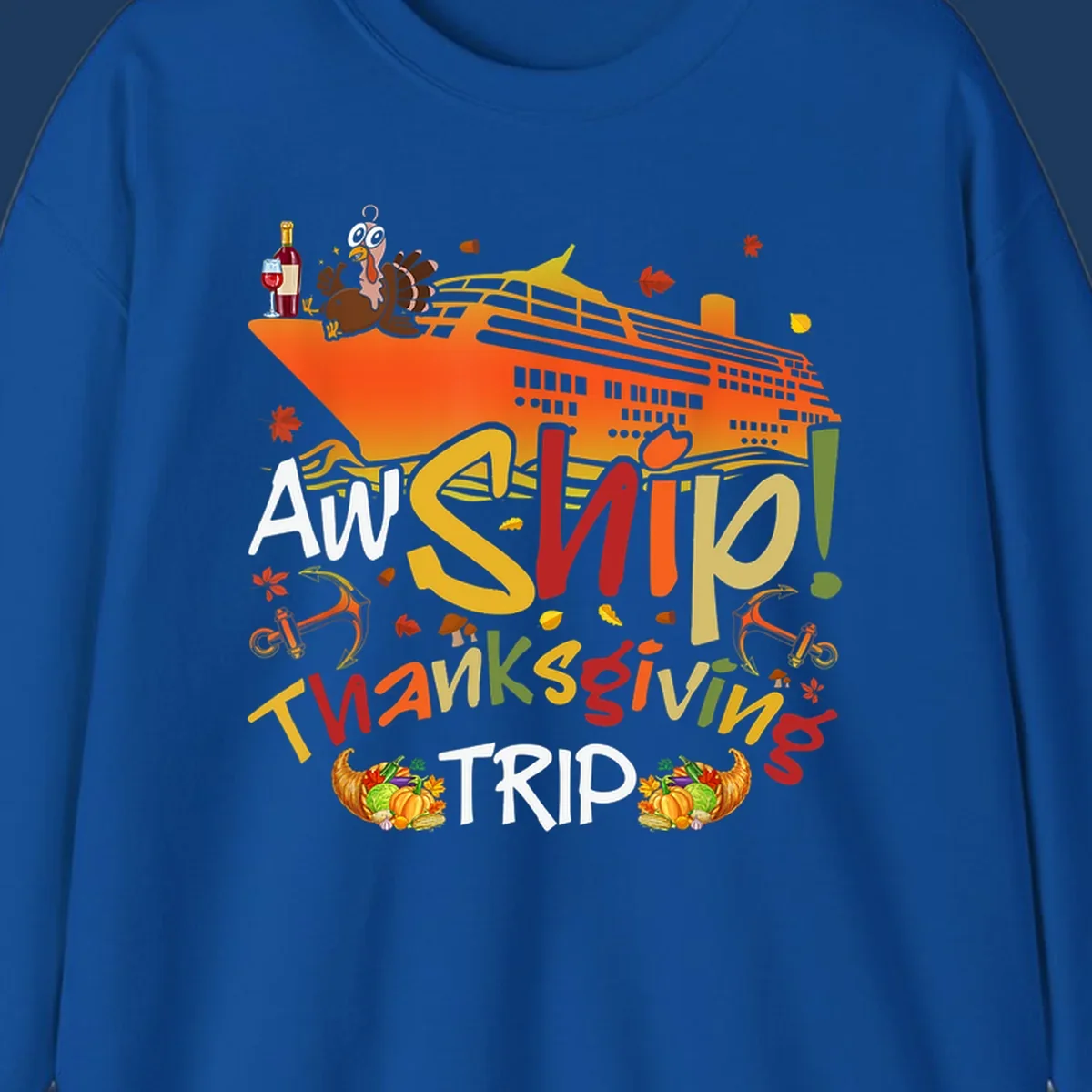 Illustrated thanksgiving cruise ship design with turkey, wine, cornucopia, autumn leaves, and colorful 'An Ship Thanksgiving Trip' text