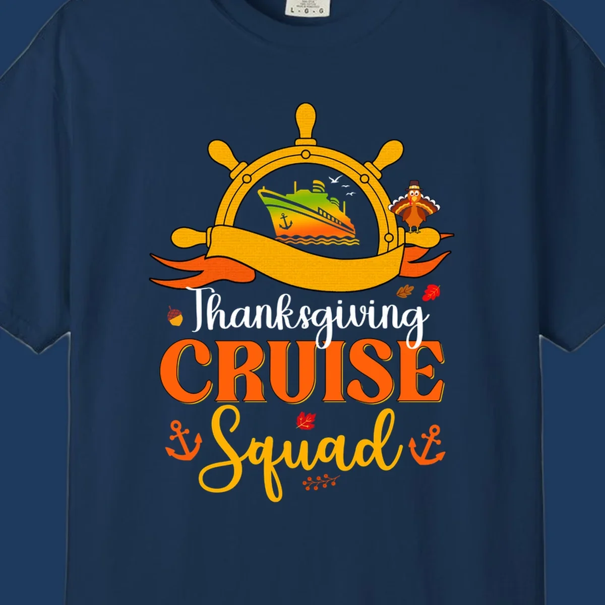 Thanksgiving cruise squad design with ship's wheel, cruise ship, pilgrim turkey, anchors, and autumn leaves on gray background