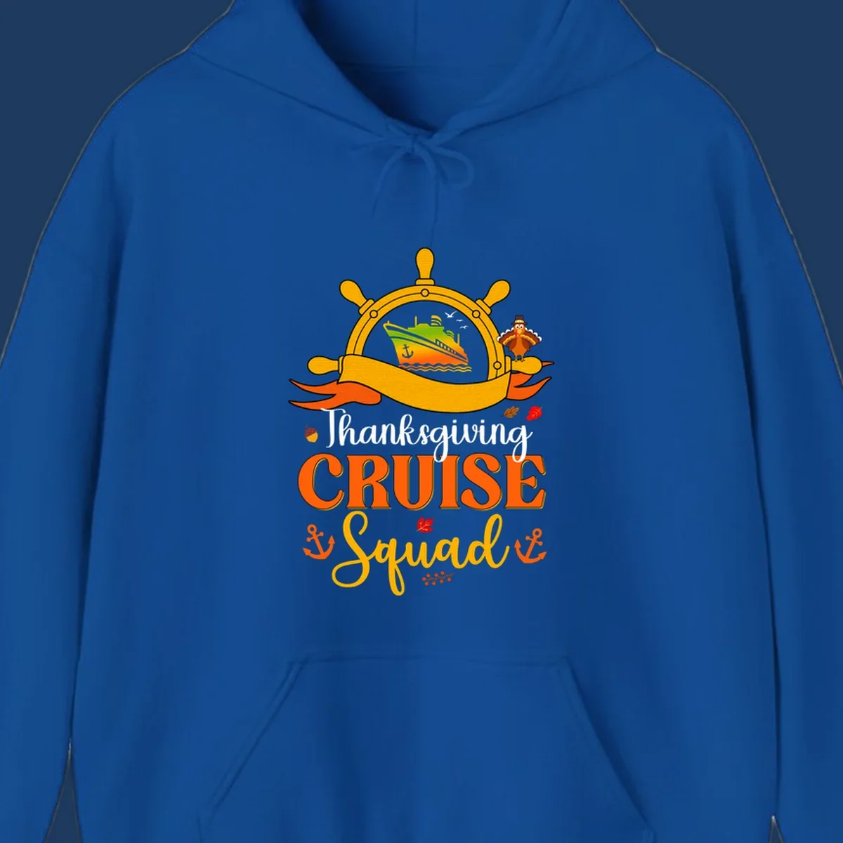 Thanksgiving cruise squad design with ship's wheel, cruise ship, pilgrim turkey, anchors, and autumn leaves on gray background