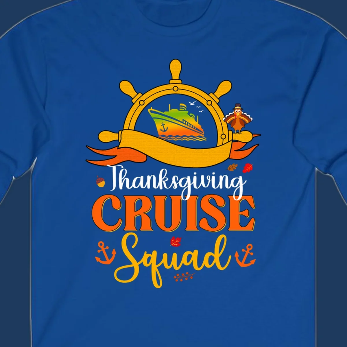 Thanksgiving cruise squad design with ship's wheel, cruise ship, pilgrim turkey, anchors, and autumn leaves on gray background