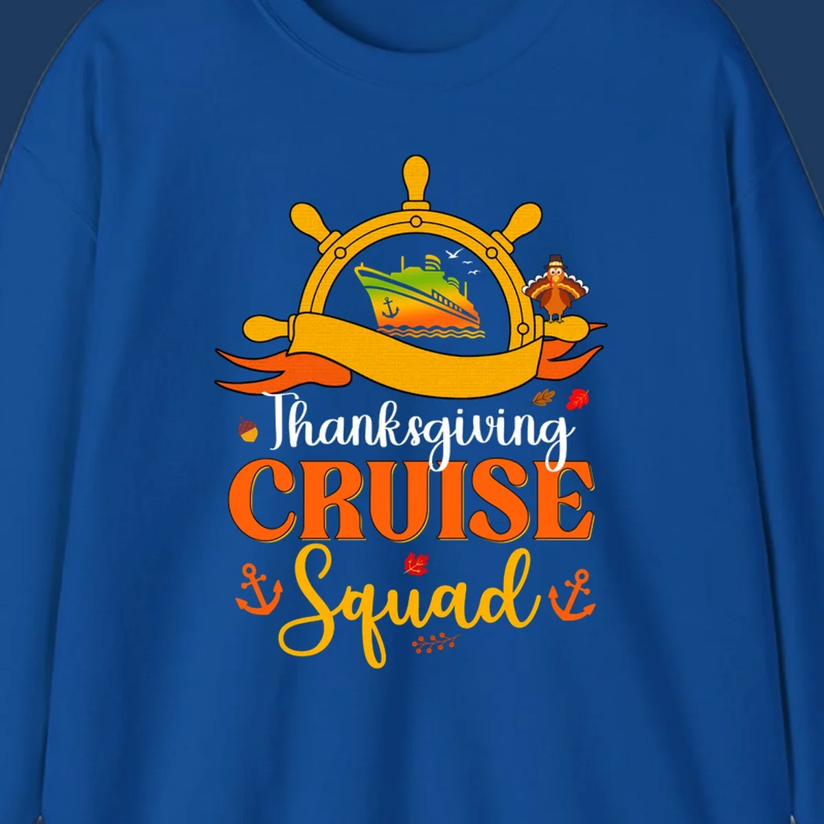 Thanksgiving cruise squad design with ship's wheel, cruise ship, pilgrim turkey, anchors, and autumn leaves on gray background