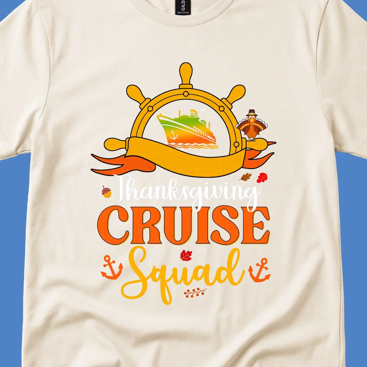 Thanksgiving cruise squad design with ship's wheel, cruise ship, pilgrim turkey, anchors, and autumn leaves on gray background