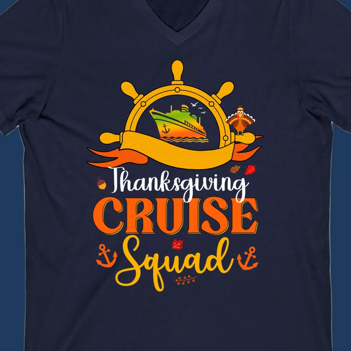 Thanksgiving cruise squad design with ship's wheel, cruise ship, pilgrim turkey, anchors, and autumn leaves on gray background