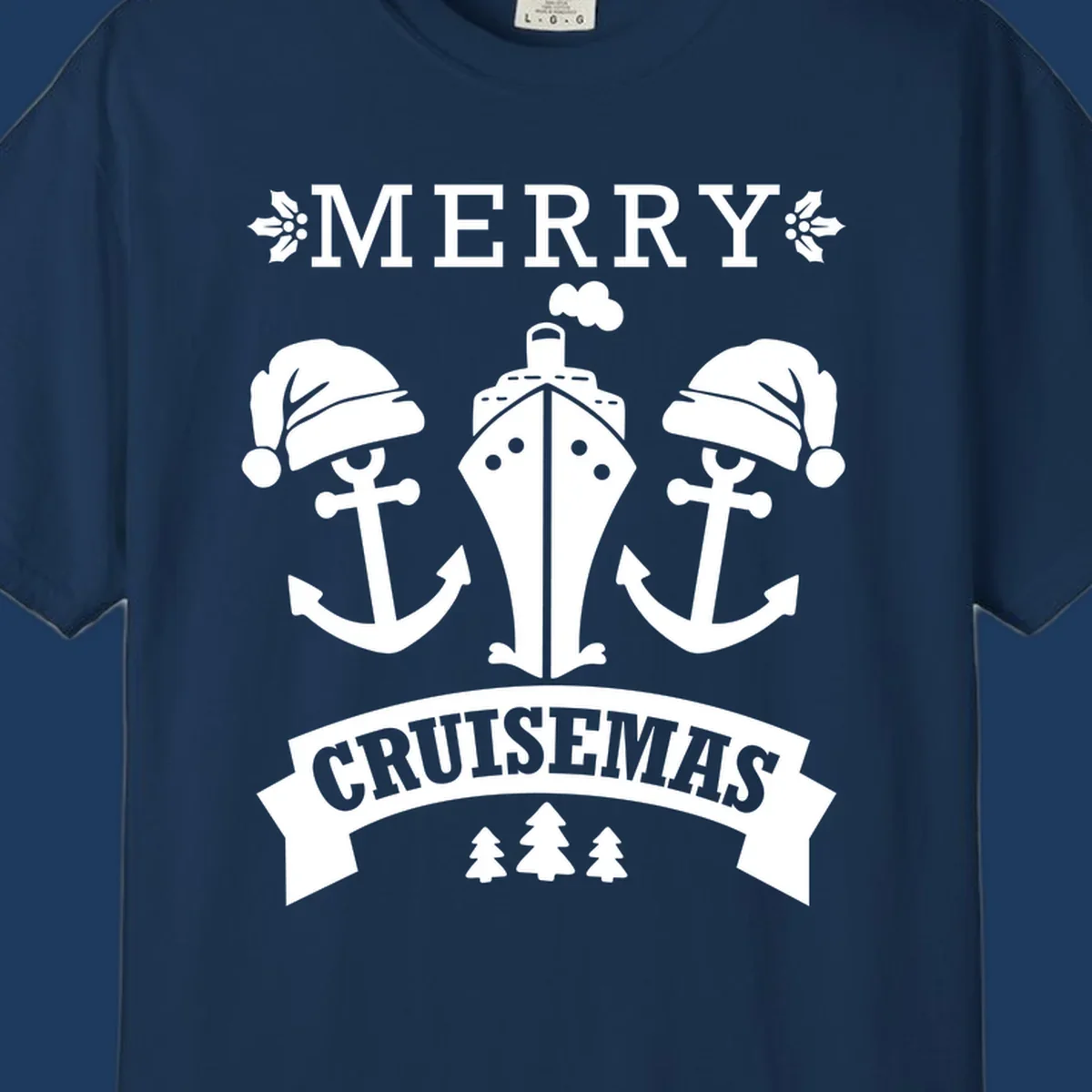 Merry Cruisemas nautical design featuring two Santa-hatted anchors and a ship with holly and evergreen trees on gray background.