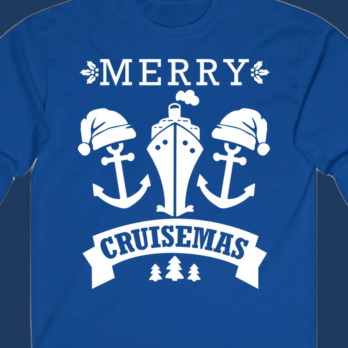 Merry Cruisemas nautical design featuring two Santa-hatted anchors and a ship with holly and evergreen trees on gray background.