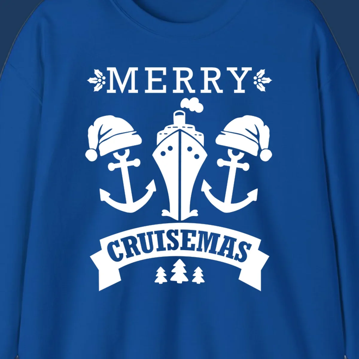 Merry Cruisemas nautical design featuring two Santa-hatted anchors and a ship with holly and evergreen trees on gray background.