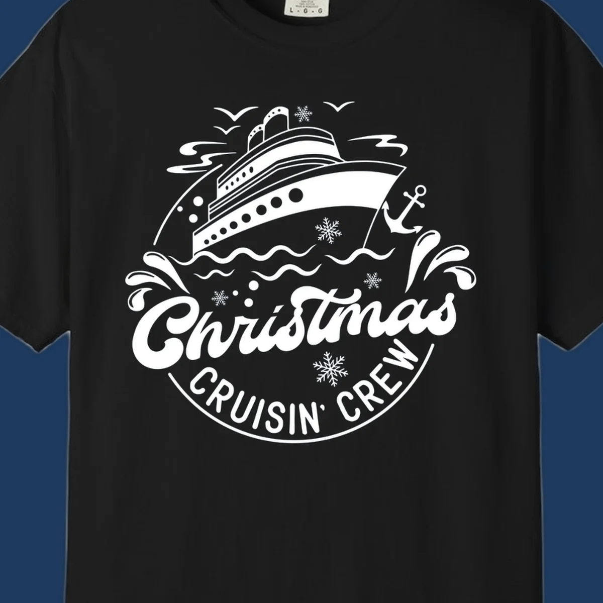 White line illustration of a cruise ship with snowflakes and ocean waves, text reads Christmas Cruisin' Crew in festive holiday style