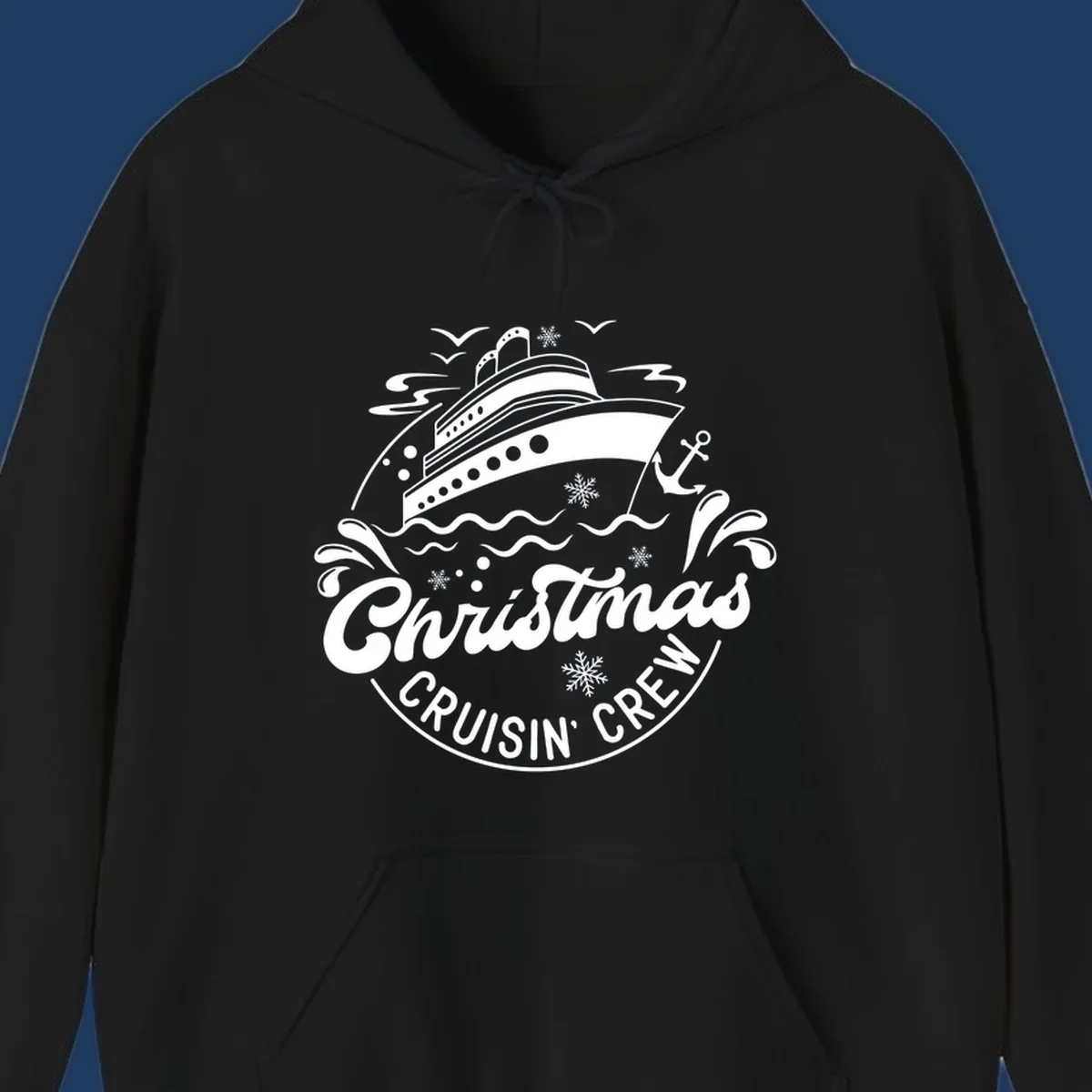 White line illustration of a cruise ship with snowflakes and ocean waves, text reads Christmas Cruisin' Crew in festive holiday style
