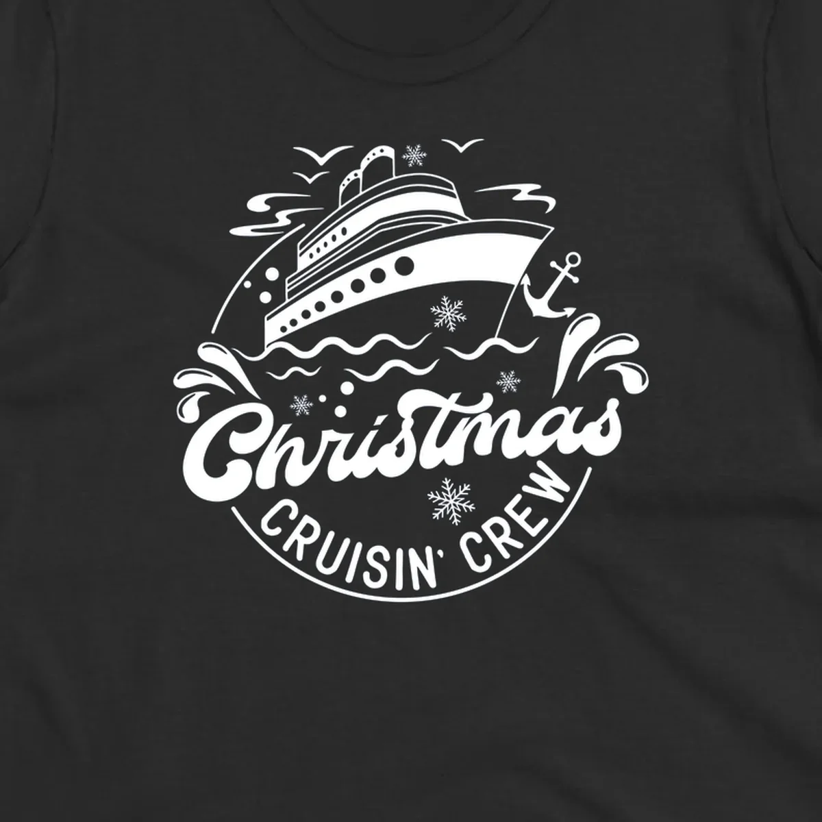 White line illustration of a cruise ship with snowflakes and ocean waves, text reads Christmas Cruisin' Crew in festive holiday style
