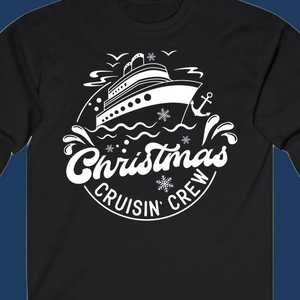 White line illustration of a cruise ship with snowflakes and ocean waves, text reads Christmas Cruisin' Crew in festive holiday style