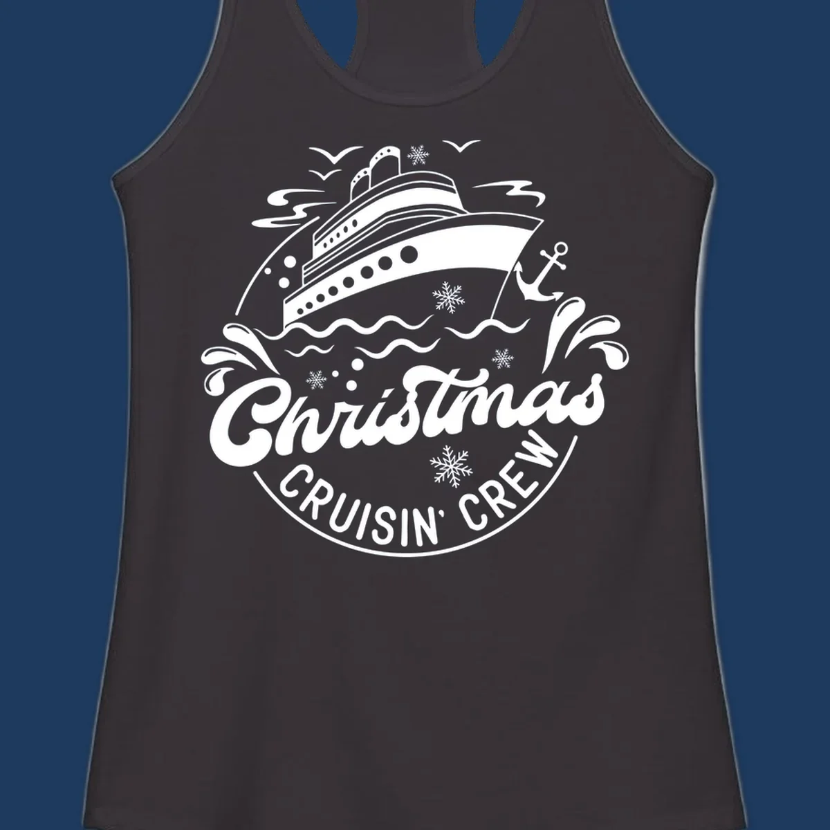 White line illustration of a cruise ship with snowflakes and ocean waves, text reads Christmas Cruisin' Crew in festive holiday style