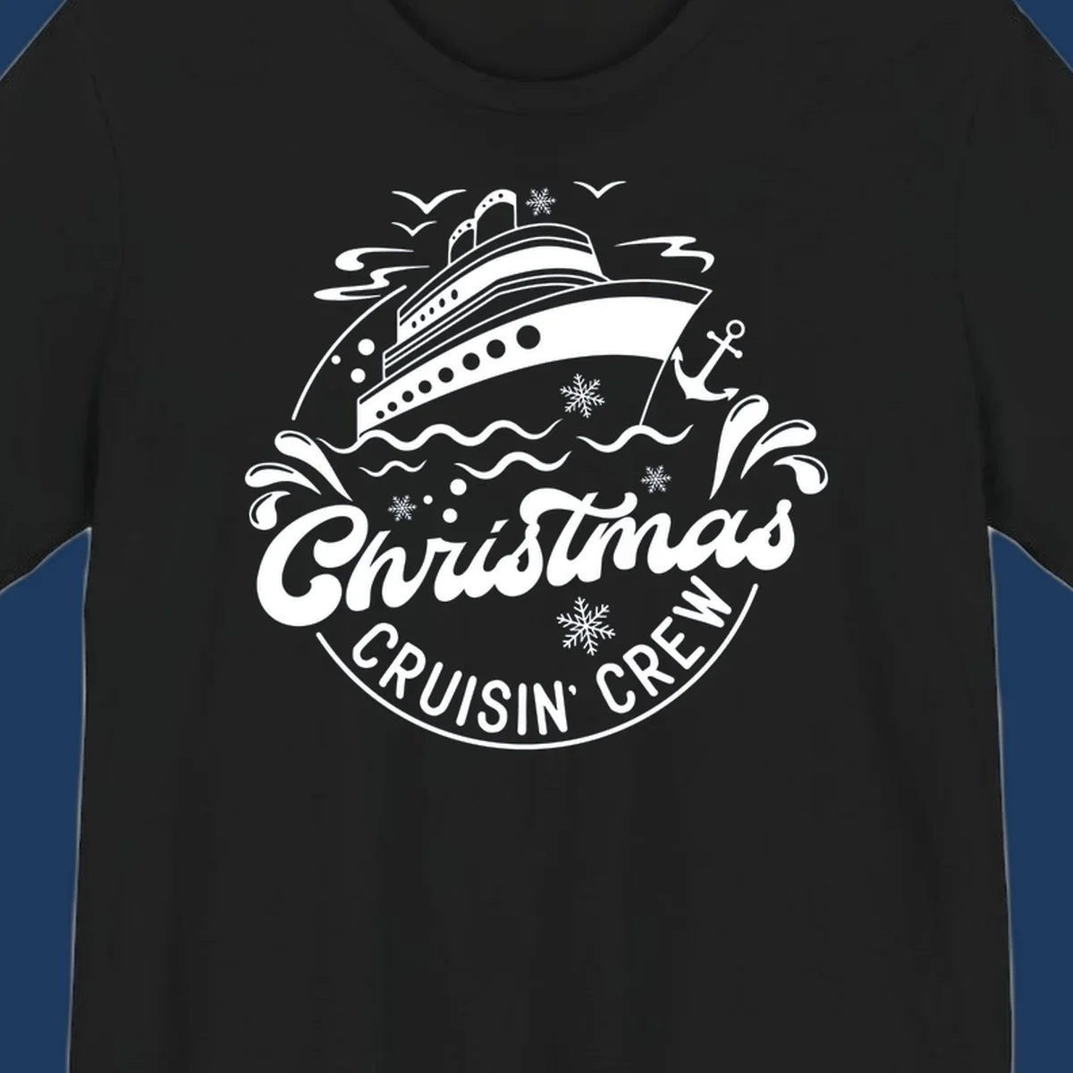 White line illustration of a cruise ship with snowflakes and ocean waves, text reads Christmas Cruisin' Crew in festive holiday style
