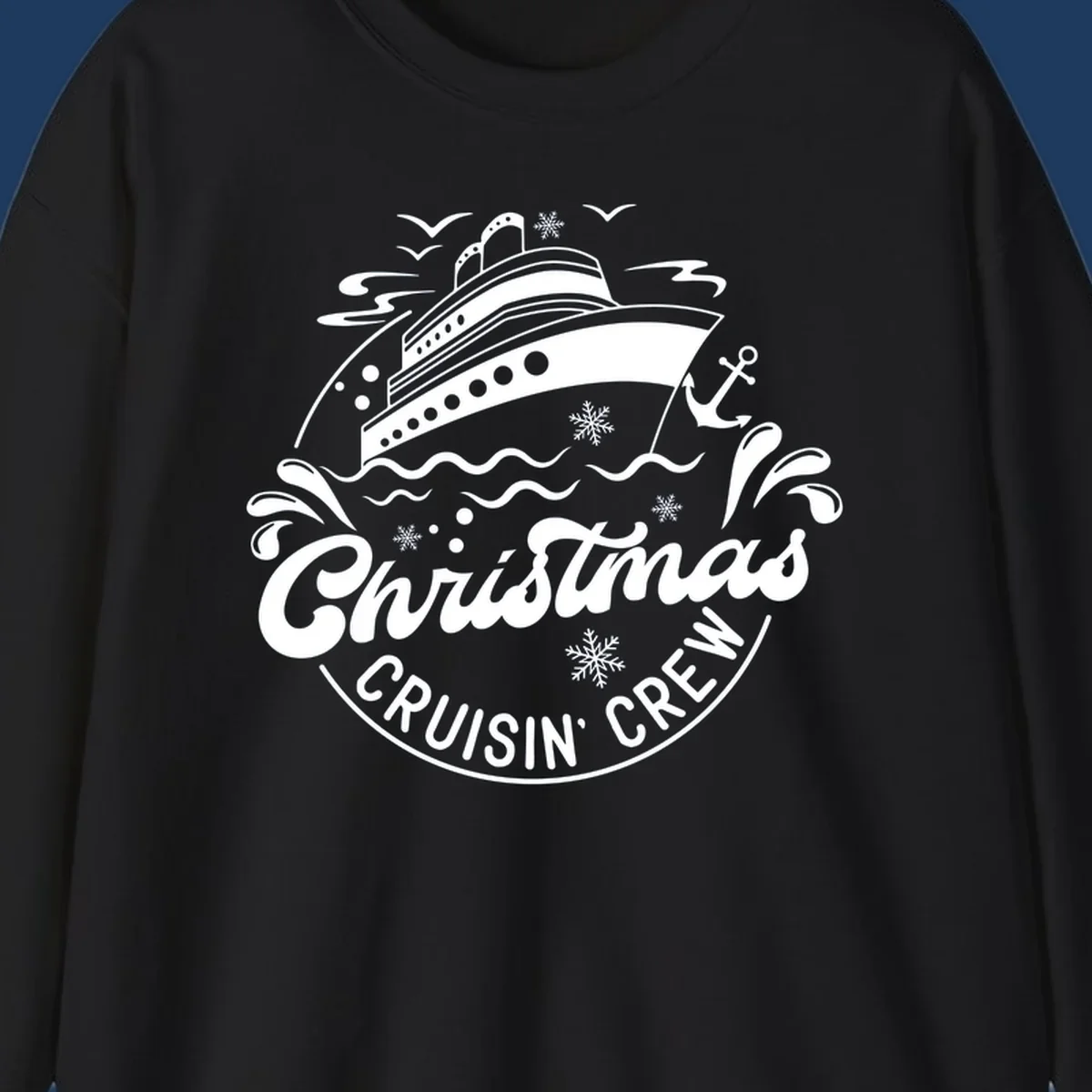 White line illustration of a cruise ship with snowflakes and ocean waves, text reads Christmas Cruisin' Crew in festive holiday style
