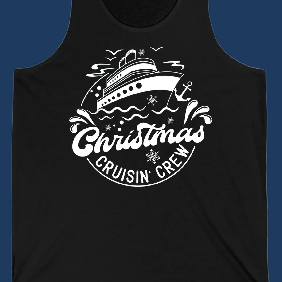 White line illustration of a cruise ship with snowflakes and ocean waves, text reads Christmas Cruisin' Crew in festive holiday style