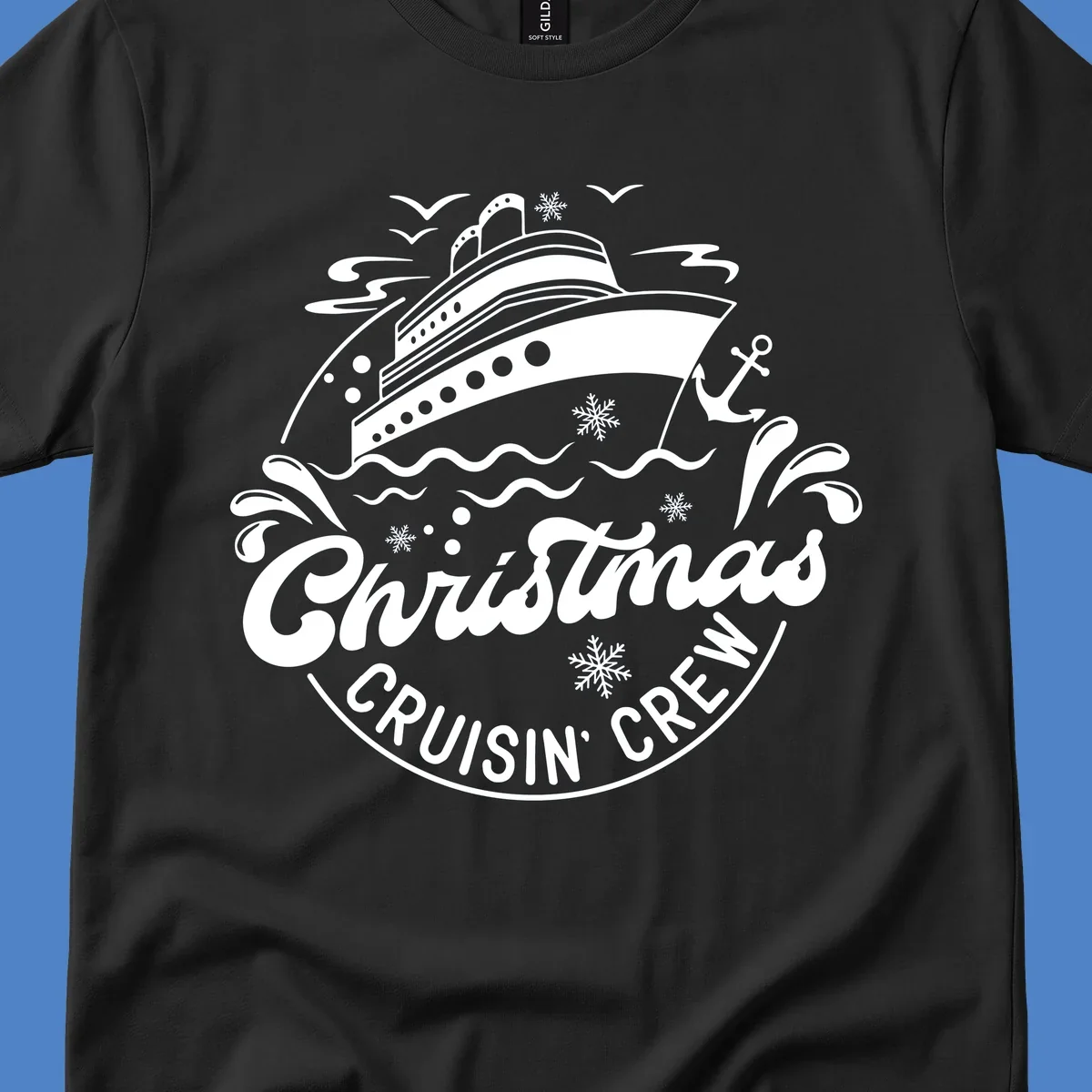 White line illustration of a cruise ship with snowflakes and ocean waves, text reads Christmas Cruisin' Crew in festive holiday style