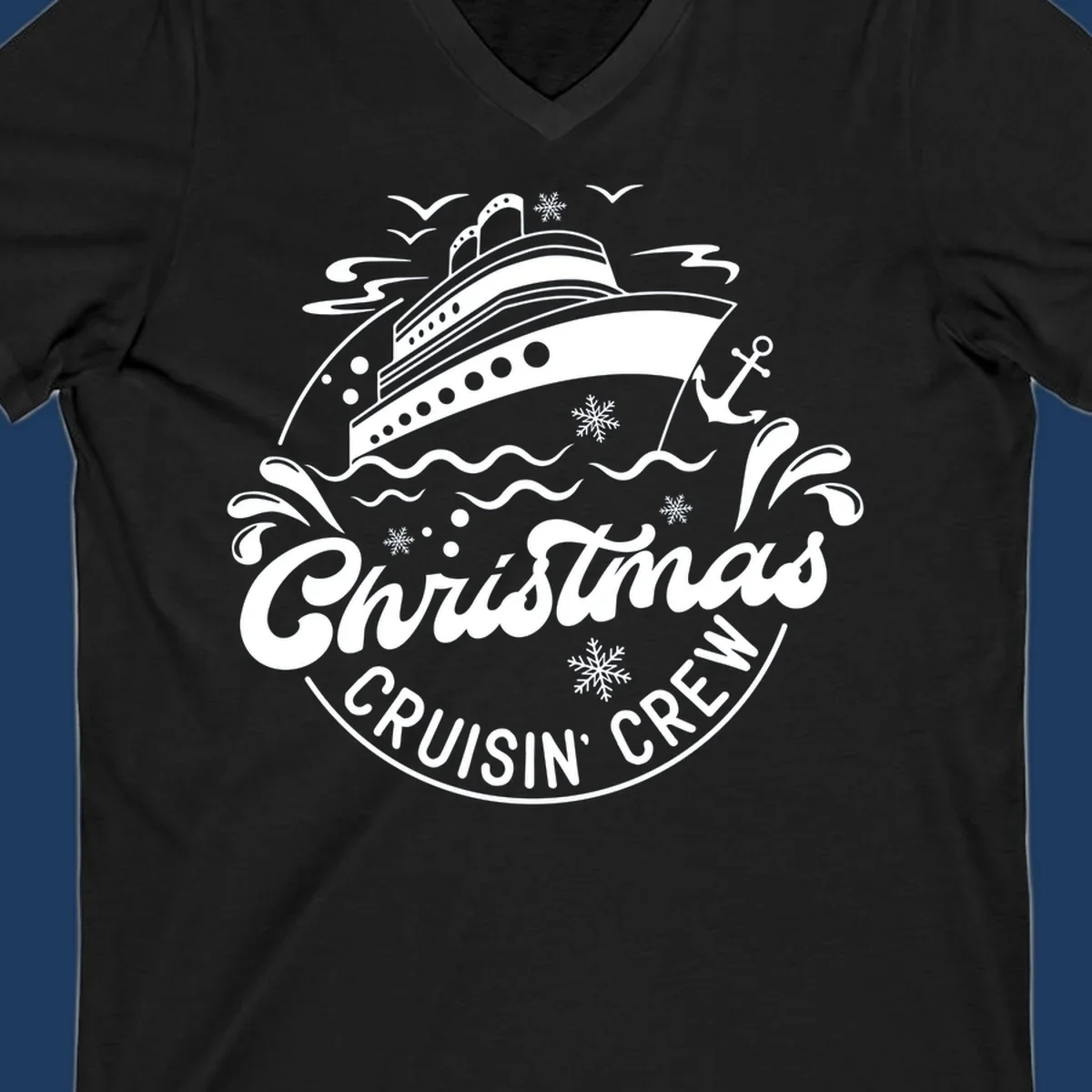 White line illustration of a cruise ship with snowflakes and ocean waves, text reads Christmas Cruisin' Crew in festive holiday style