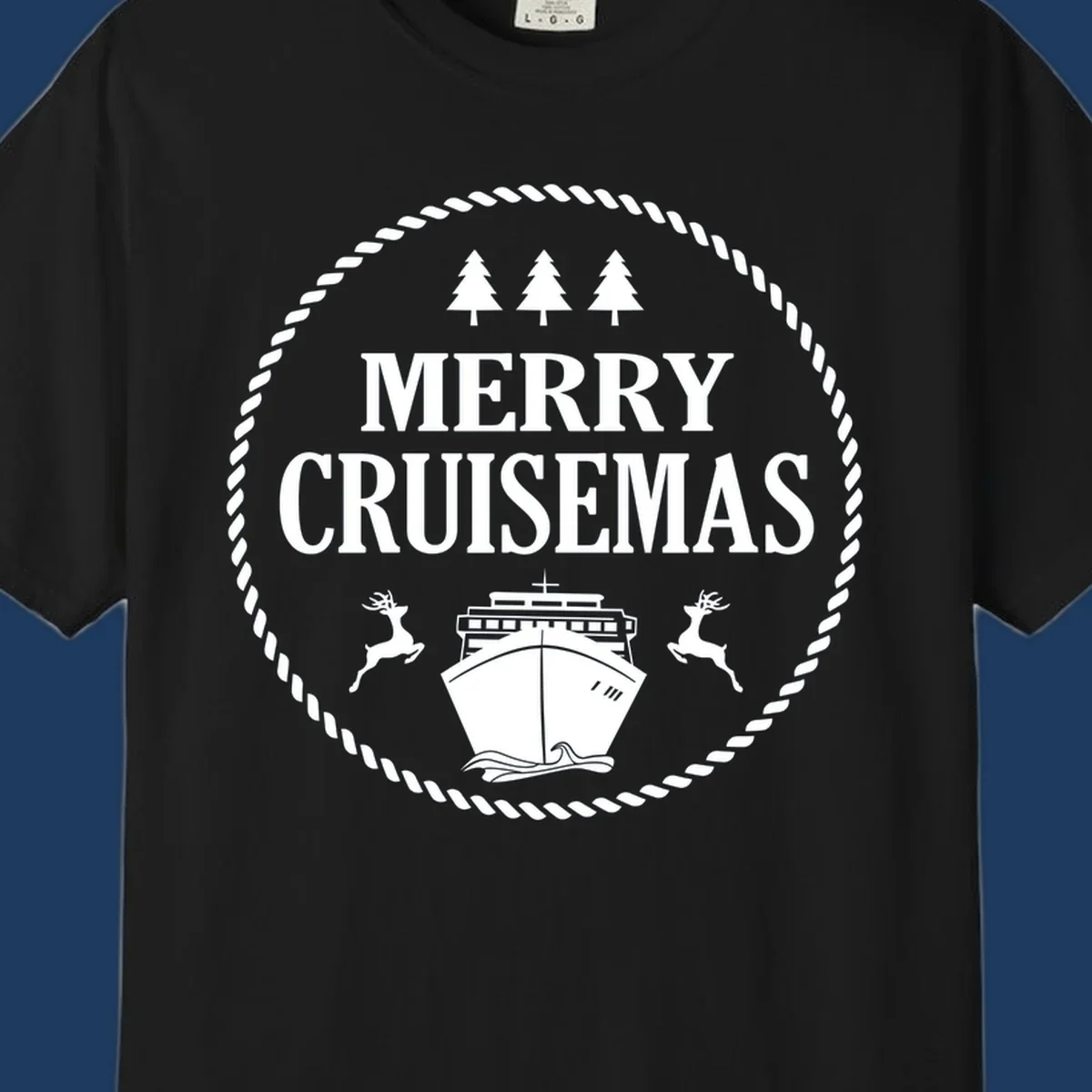 Merry Cruisemas design with cruise ship, reindeer, pine trees, and rope border in white on gray background