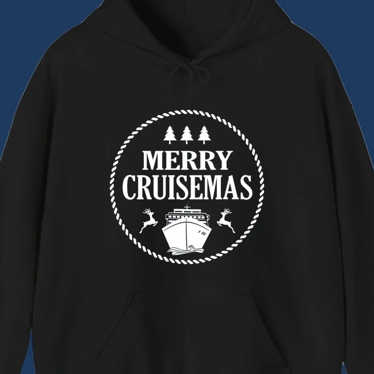 Merry Cruisemas design with cruise ship, reindeer, pine trees, and rope border in white on gray background