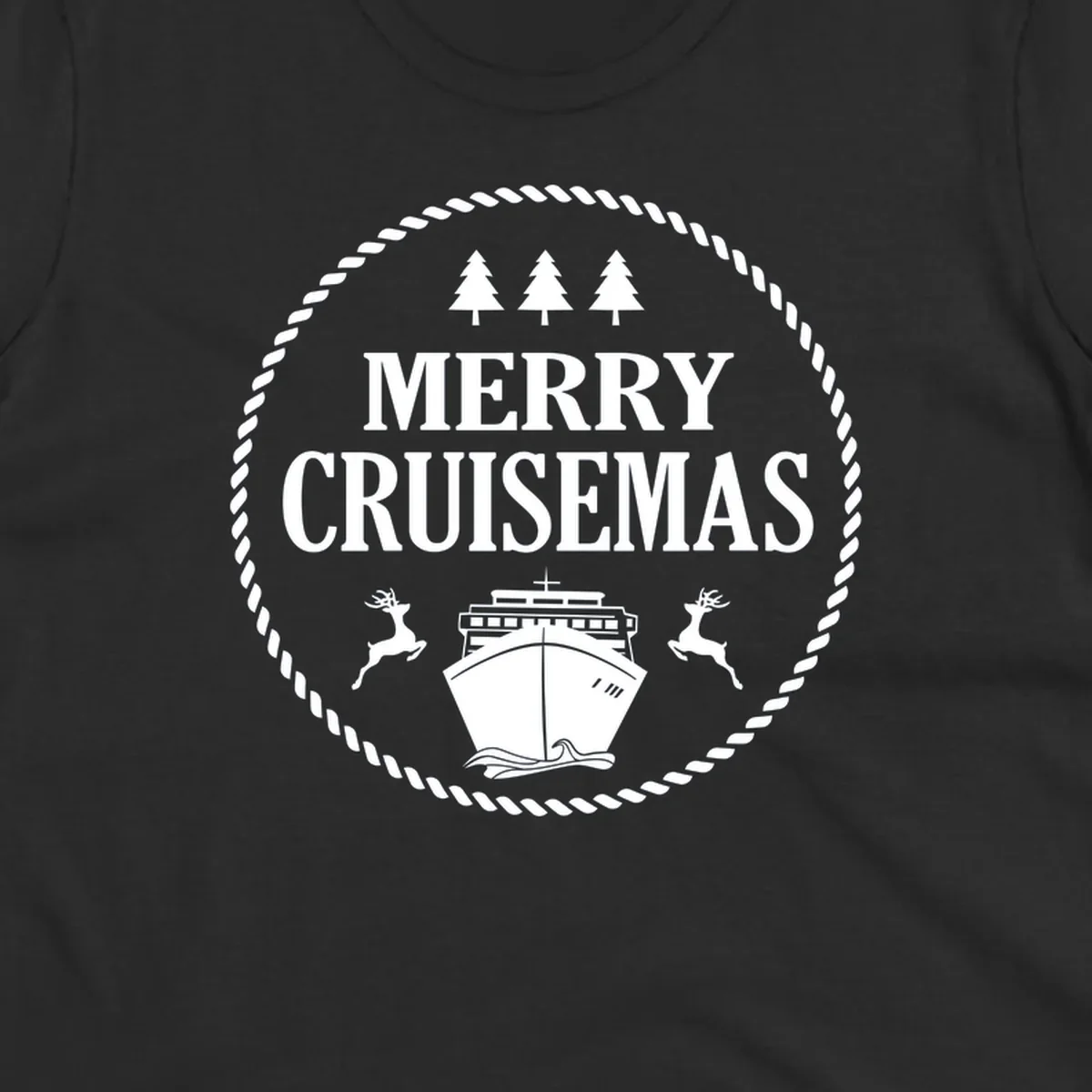 Merry Cruisemas design with cruise ship, reindeer, pine trees, and rope border in white on gray background