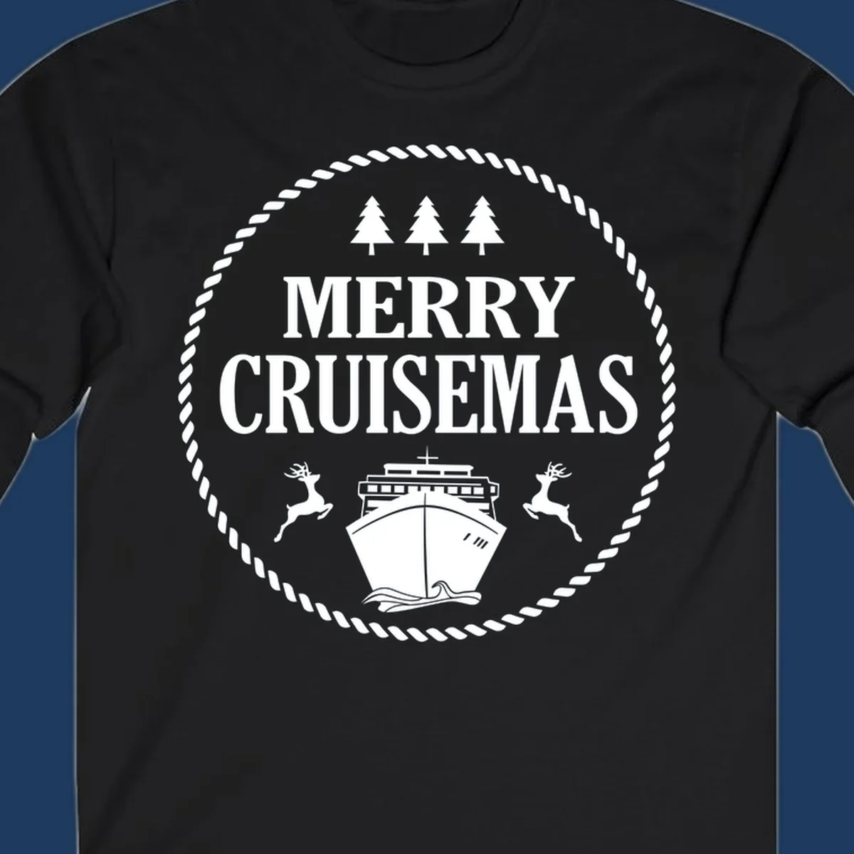 Merry Cruisemas design with cruise ship, reindeer, pine trees, and rope border in white on gray background
