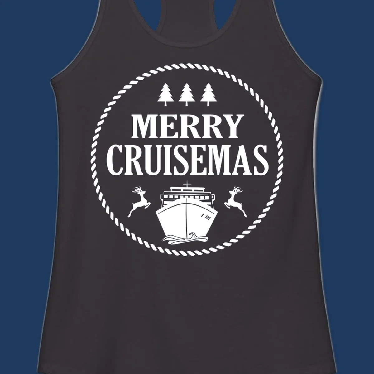 Merry Cruisemas design with cruise ship, reindeer, pine trees, and rope border in white on gray background