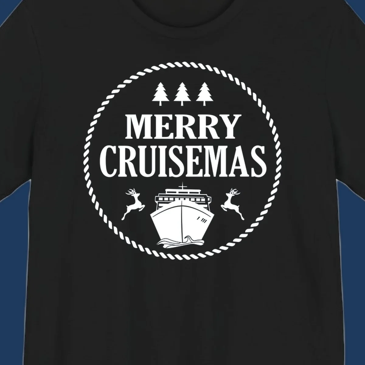 Merry Cruisemas design with cruise ship, reindeer, pine trees, and rope border in white on gray background